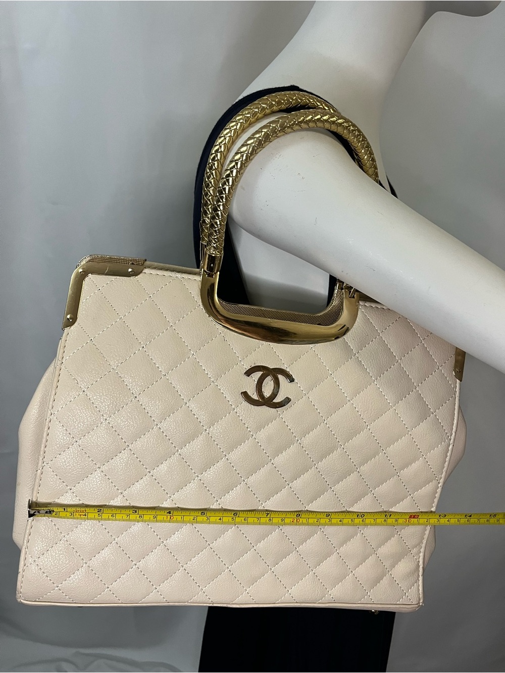 Quilted CC Top-Handle Tote in Cream with Gold Hardware - Picture 4 of 11
